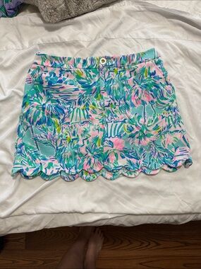 Tropical Print Scallop Hem Skort - Aqua & Pink